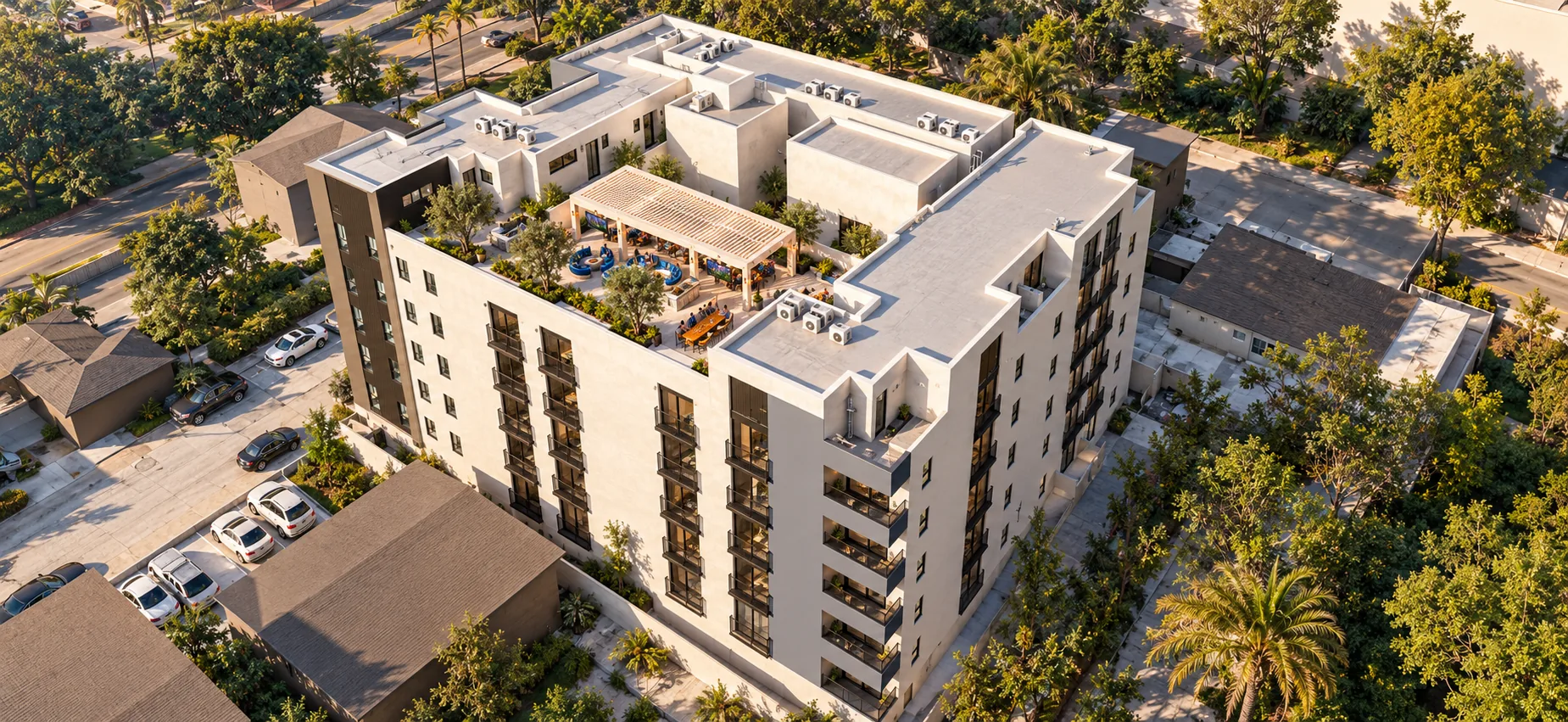 Aerial rendering of the Hillside apartment building in Linda Vista, San Diego