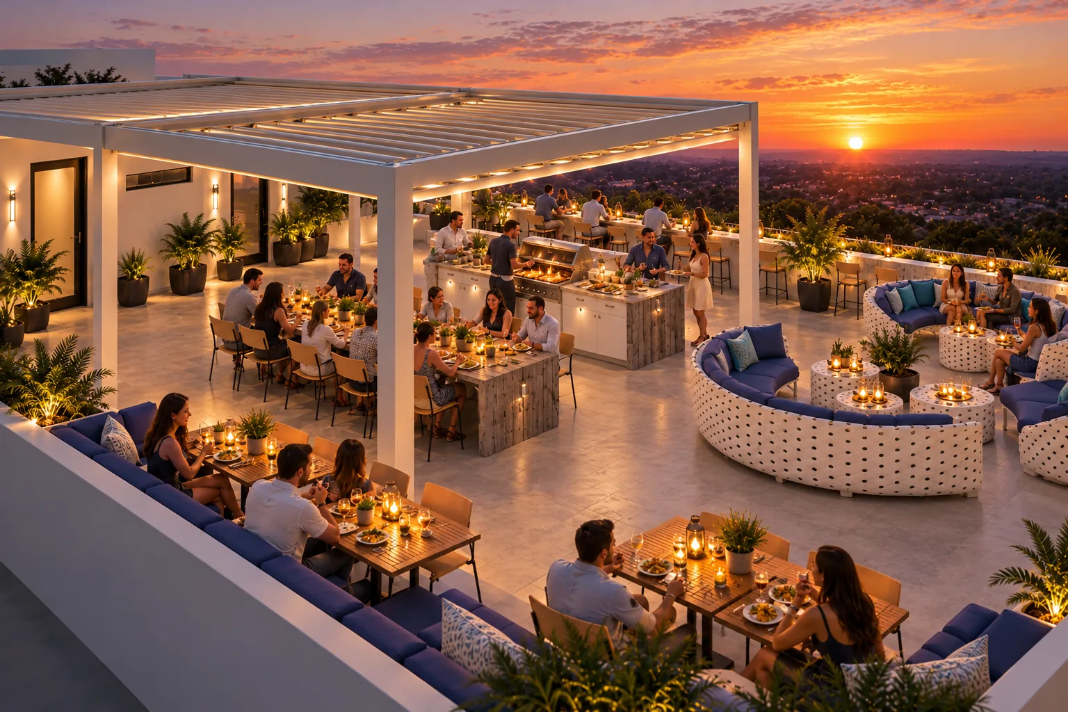 Guests gathered on the Hillside rooftop deck at sunset, with an outdoor kitchen, dining pergola, and lounge seating