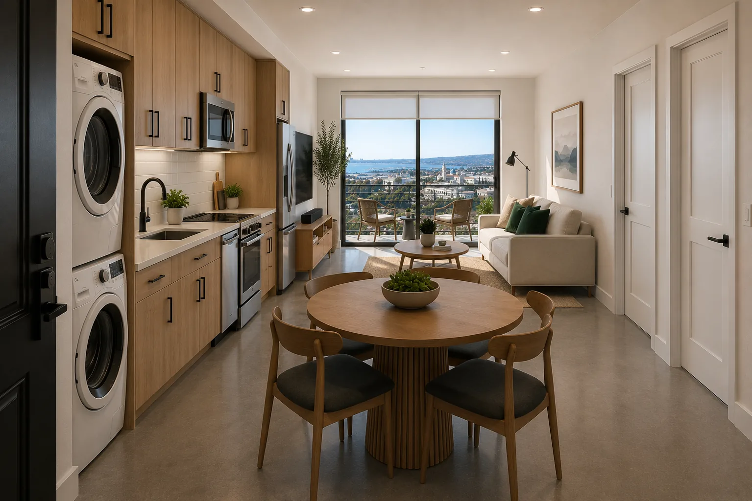 Bright, open-concept studio interior with kitchen, dining area, and balcony view