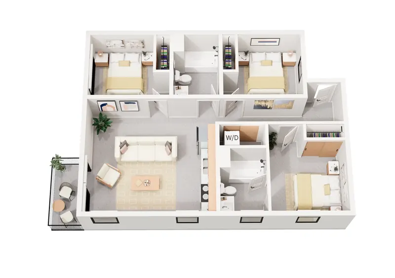 Plan D-1 — 3 Bedroom, 949 square feet floor plan